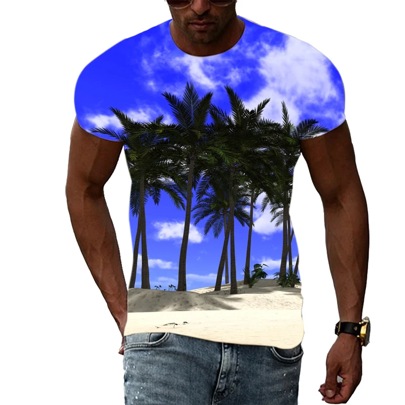 Summer Natural Scenery Print Men\'s t-shirts Fashion Landscape graphic t shirts Beach Sea View Pattern short sleeve t-shirts Top