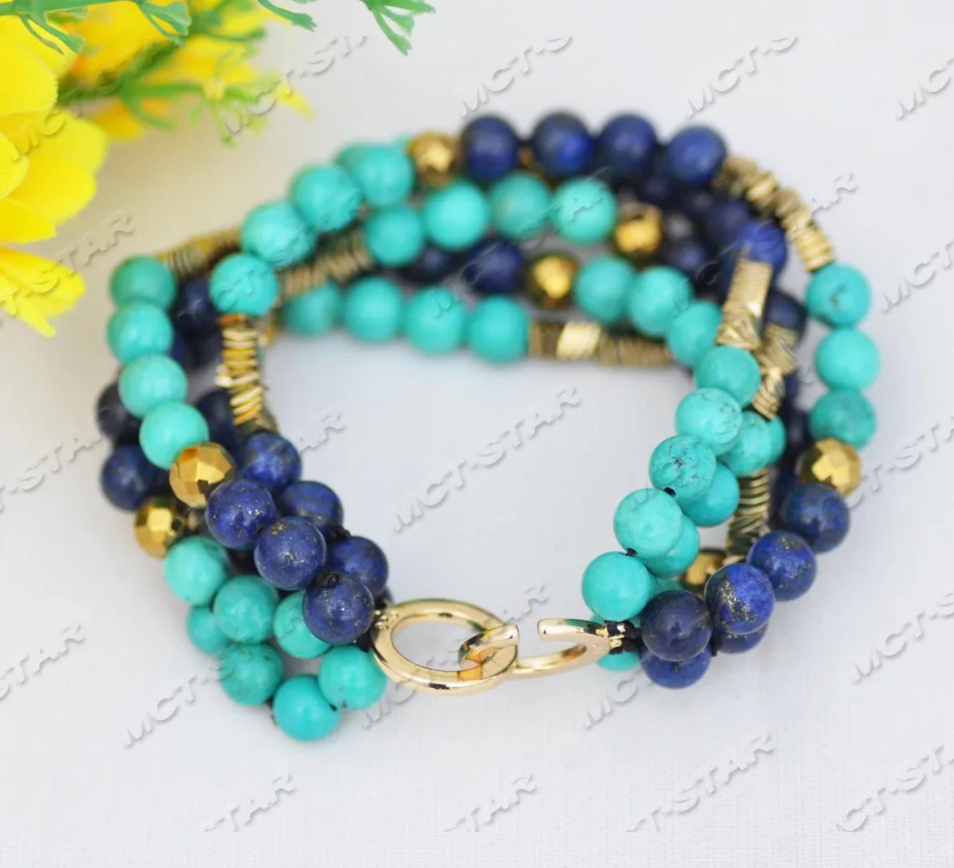 

MCT·STAR Z11757 5Row 8'' 8mm Round Green Turquoise Blue Lapis Lazuli Hematite Bracelet