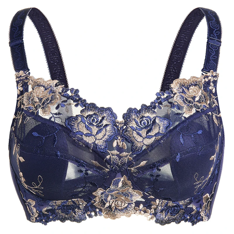 

Womens Wireless Underwear Full Coverage Non Padded Minimizer Bra Lace Floral Embroidery Bra Female Blue Lingerie 38 E F G H