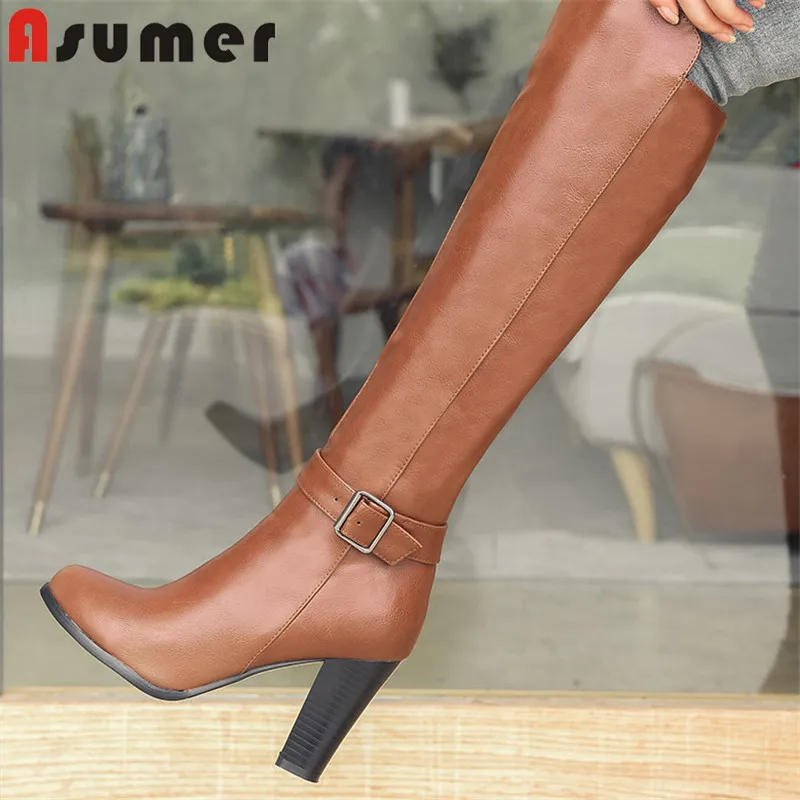 ASUMER 2021 big size 34-43 knee high boots women buckle zip 9cm thick high heel casual shoes woman autumn winter boots black