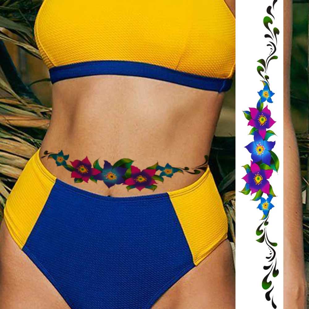 Colorful Thorns Flower Tattoos Sticker For Women Fake Body Art Waist Tattoo Realistic Butterfly Long Lace Tatoos Cover Up Sexy