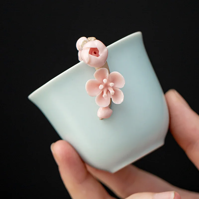 80ml Boutique Azure Ru Kiln Celadon Sample Tea Cup Handmade Knead Pink Plum Blossom Ceramic Smelling Cup Kung Fu Tea Ceremony