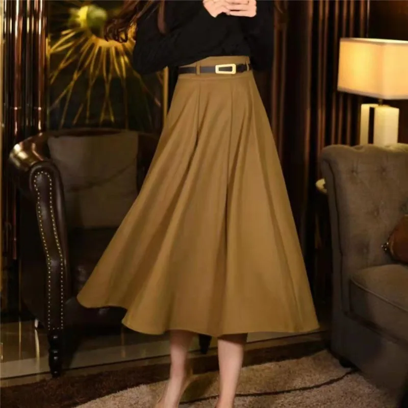 

Women Skirt Autumn Winter A-Line High Waist Solid Simple Elegant Midi Skirt Black Casual Skirt Party 2021