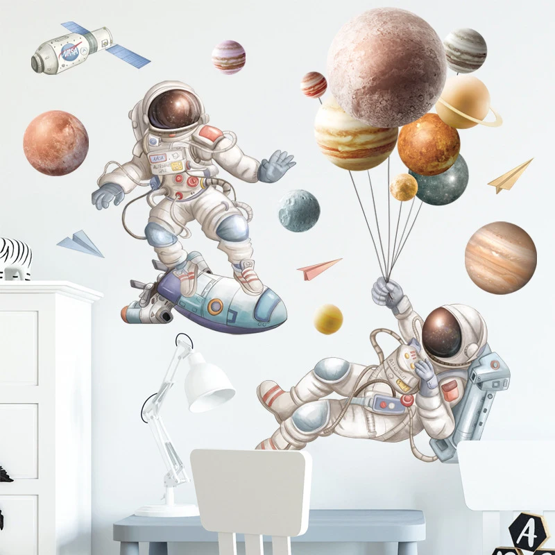 Astronauta kosmiczny naklejki ścienne dla dzieci pokój na ścianę do przedszkola dekoracje wymienny Vinyl PVC kreskówka ścienna naklejki Home Decor