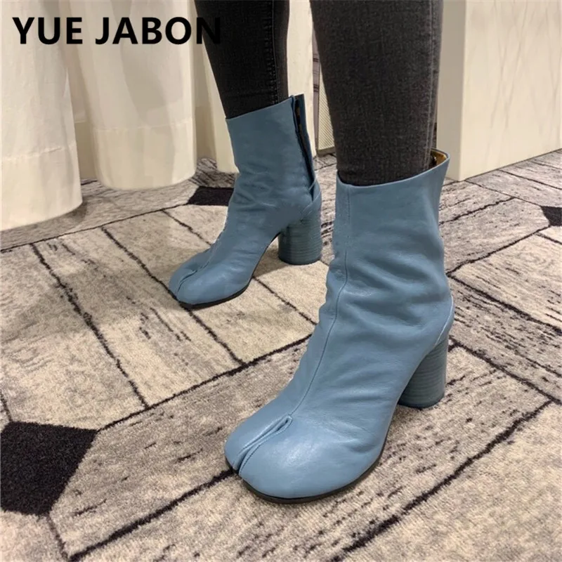 Women Split Toe Ninja Tabi Shoes Genuine Leather Ankle Boots 3/8cm Round Heels Lady Shoes Blue Woman Short Boots Winter Shoes