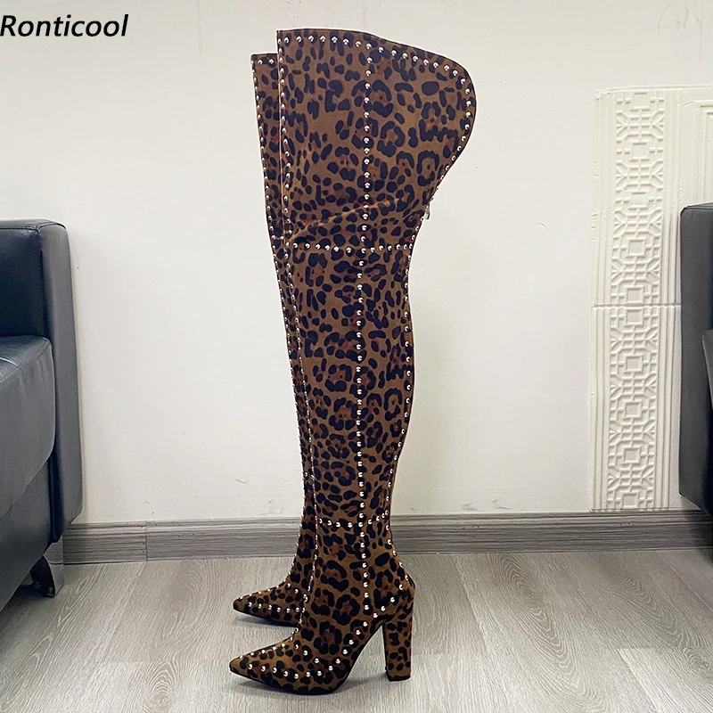 Ronticool 2021 Women Winter Thigh Boots Sexy Studs Stiletto Heels Pointed Toe Pretty Leopard Cosplay Shoes Ladies Us Size 5-15