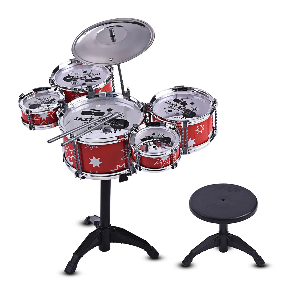 Children Kids Jazz Drum Set Kit Musical Educational Instrument Toy 5 Drums + 1 Cymbal with Small Stool Drum Sticks for Beginners