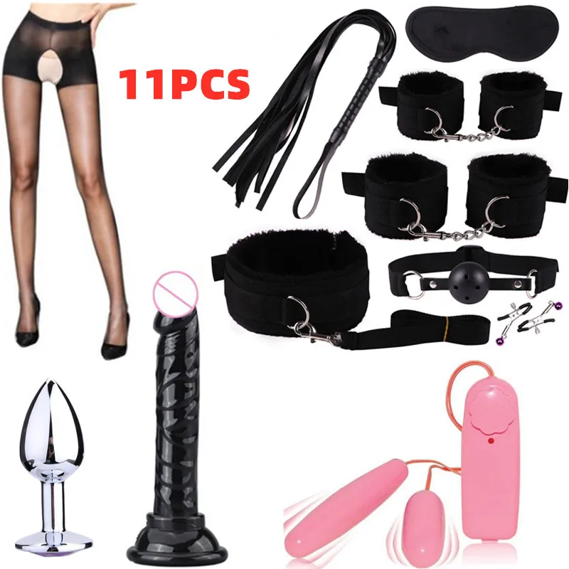 Women Fetish Mouth Gag Handcuffs Bondage Restraint Dildo Vibrator Anal Plug Nipple Clip Vibrator Adult Sex Toys Bdsm Set