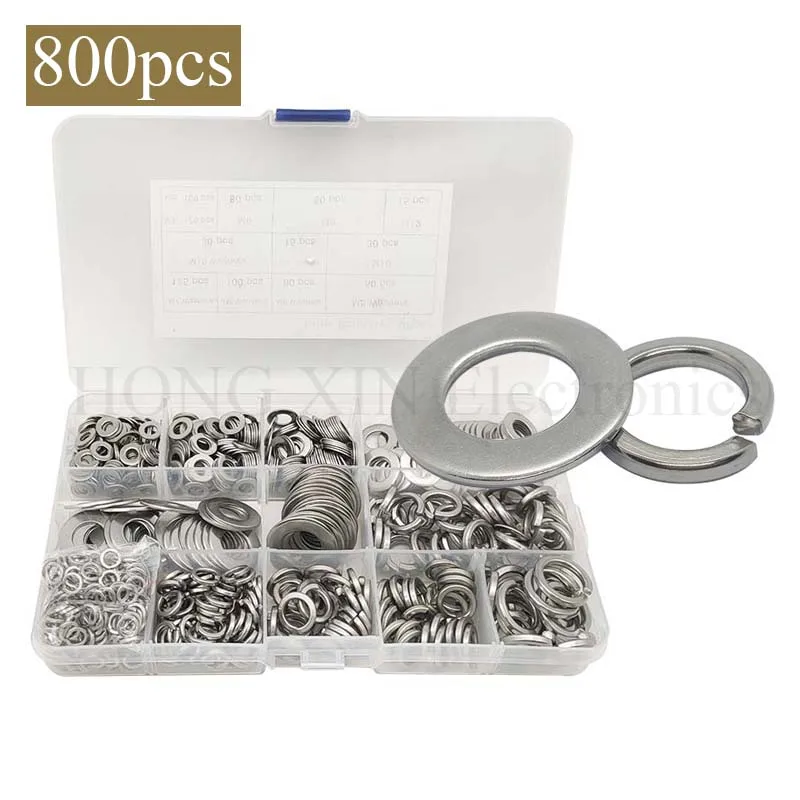 800pcs/Set M4-M12 Flat Spring Washers Pad Stainless Steel Metal Lock Ring Gaskets Plain Washers Metal Washer Assortment Kit