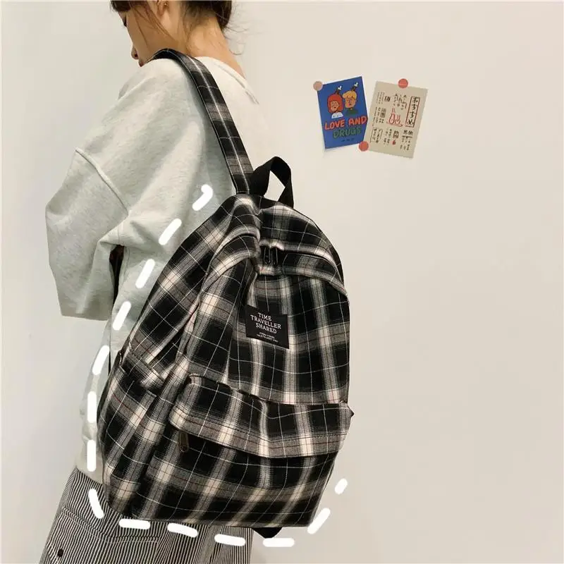 Students Backpack Women Plaid Pattern School Bag Canvas Softback Campus Style Rucksack Travel Bagpack Female Backpacks Ladies