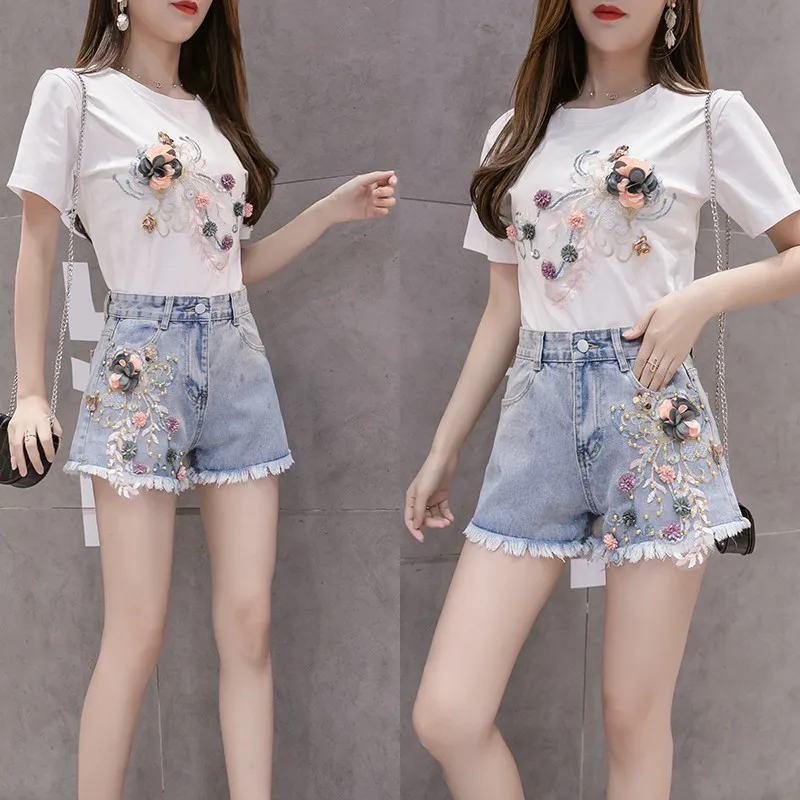 Hot Summer Women Sets Fashion Short Sleeve T-Shirt And Jeans Shorts Two-piece Set Female Embroidery 3D Flower Casual Suits Y230