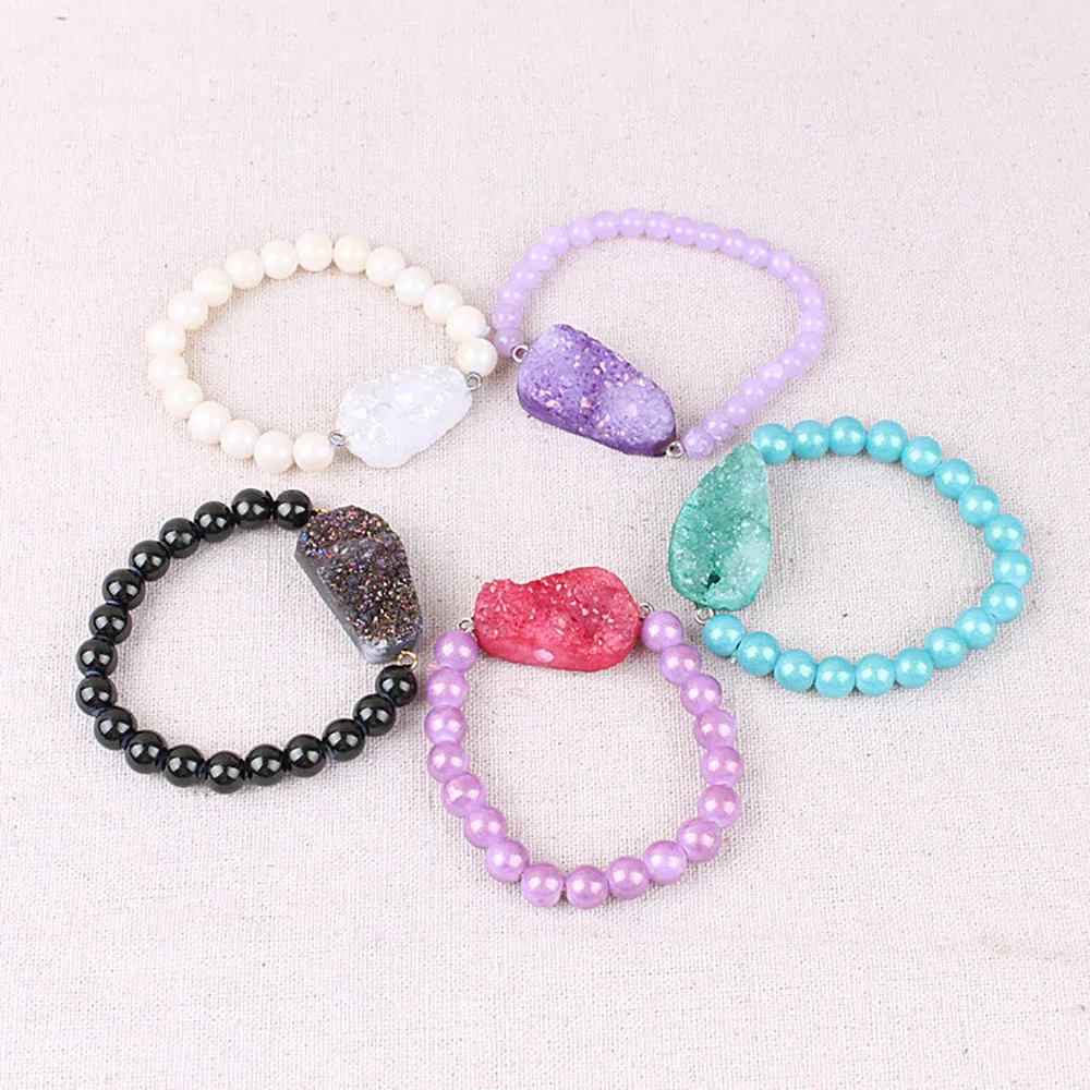 Multiple Colors Druzy Agate Beads and Clump Mixed Jade Bracelets