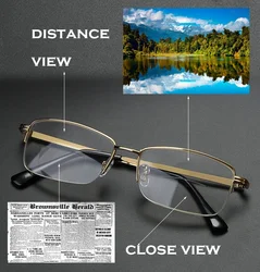 NO LINE Bifocal Progressive multifocal Reading Glasses High Quality Titanium Alloy Half-Rim Gray Frame Sph 0 Add 1 To Add 4
