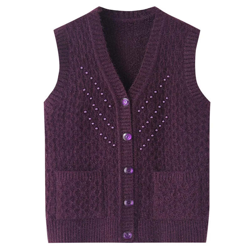 XL-4XL Middle Aged Mother Waistcoat Autumn Outer Wear Knitted Vest Korean Oversized Sweater For Women Winter Beaded Top Female