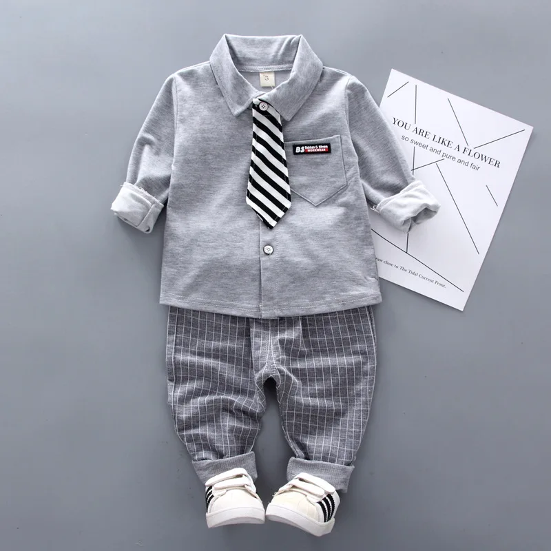 Boys Solid Clothing Sets Spring Autumn Baby Cotton Long-Sleeve Tie Shirt Pants 2pcs Outfits Kids Elegant Gentleman Suit 1-4Y