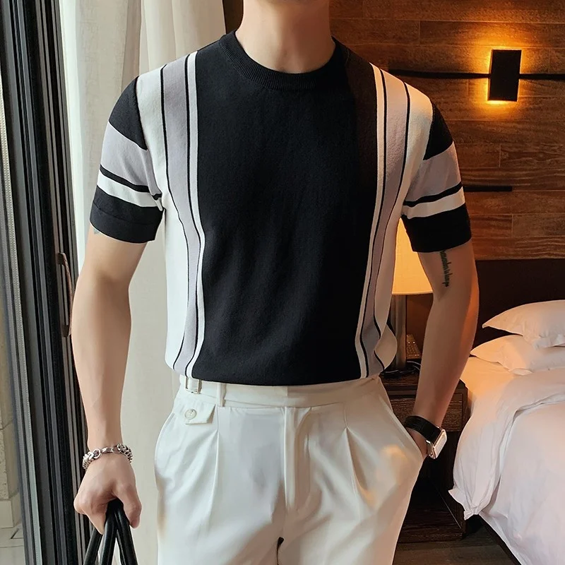 Mens Casual Knitting T Shirt O Neck Slim Fit Short Sleeve Pullovers Top Men Korean Style Fashion Striped T Shirts Plus Size 4XL