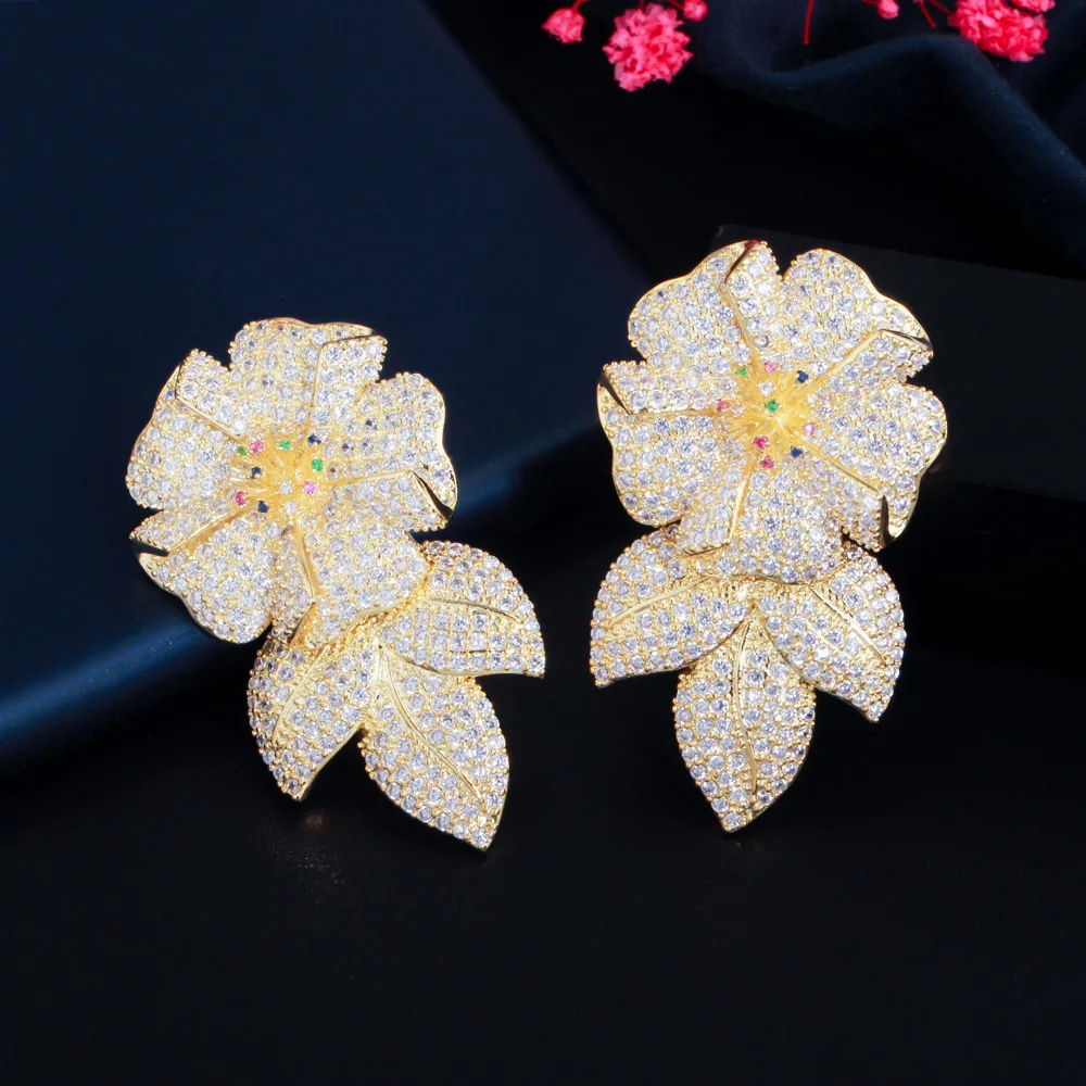 CWWZircons Shiny CZ Flower Drop Luxury Long Big Earrings for Women African Dubai Gold Color Bridal Wedding Costume Jewelry CZ907