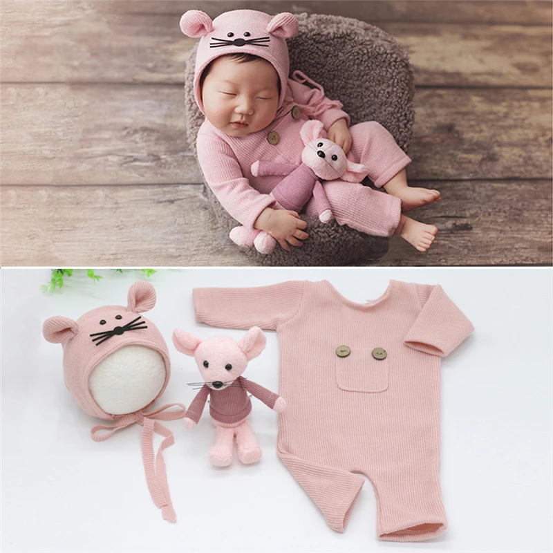 Newborn Baby Photography Clothing Sets Infant Boy Girl Photo Clothes Outfits Mouse 3pcs Set Hat Rompers Doll Sets