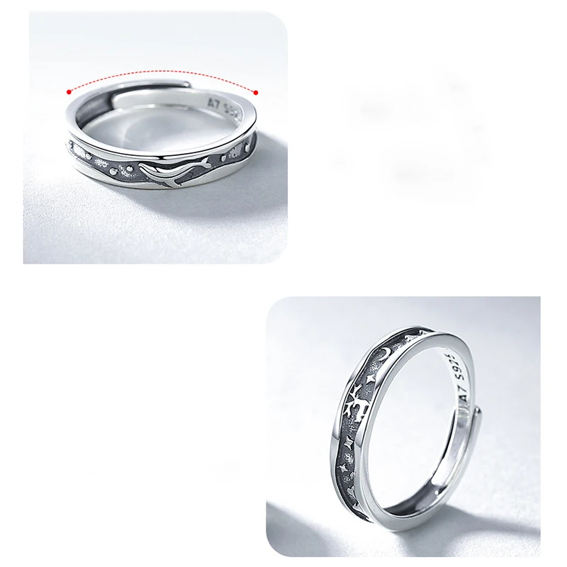Vintage Creative Couple Rings for Lovers Statement Silver Color Engraving Whale Elk Star Moon Open Engagement Wedding Band Gift
