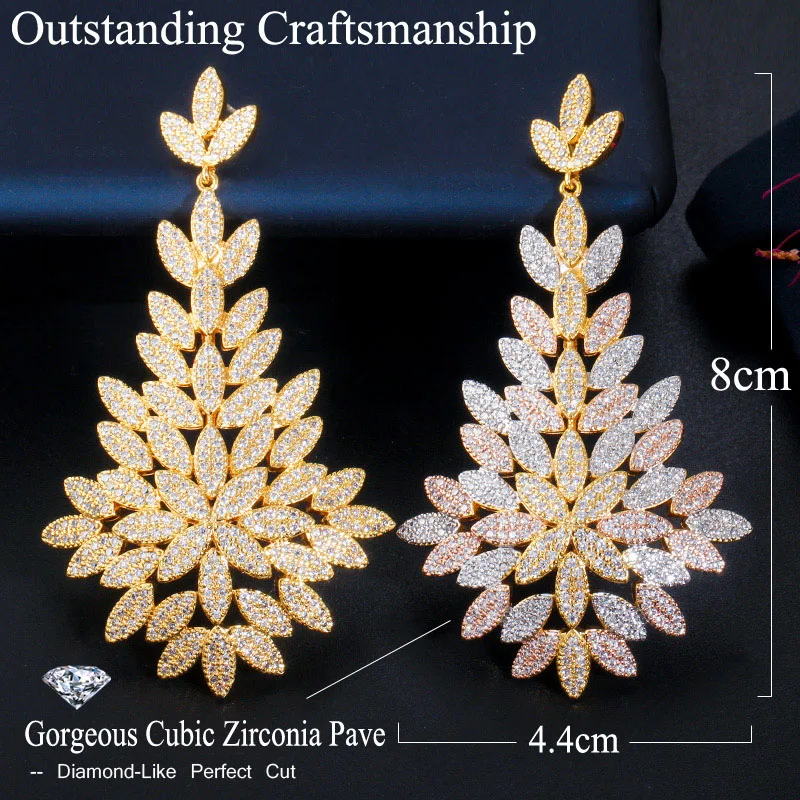 CWWZircons Luxury Exclusive CZ Leaf Drop Big Statement Long Wedding Earring 3 Tone Gold Color Dubai African Brides Jewelry CZ676