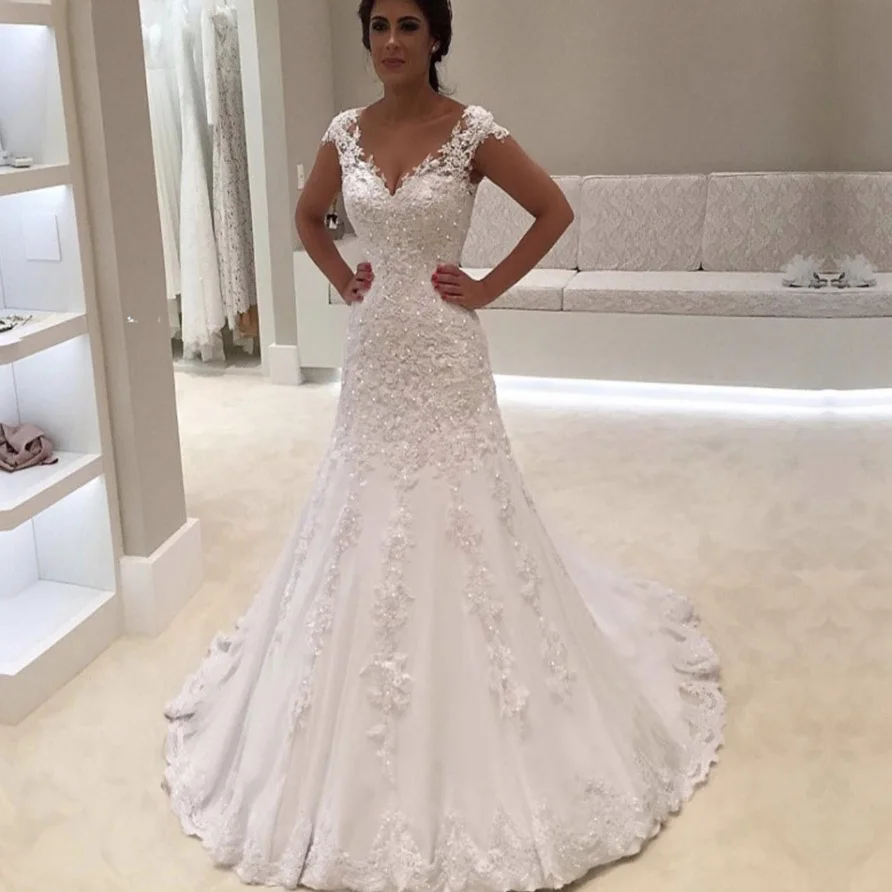 

Vestido de Noiva V Neck Short Sleeves Lace Mermaid Wedding Dress 2020 Cheap Bridal Gowns Custom Made