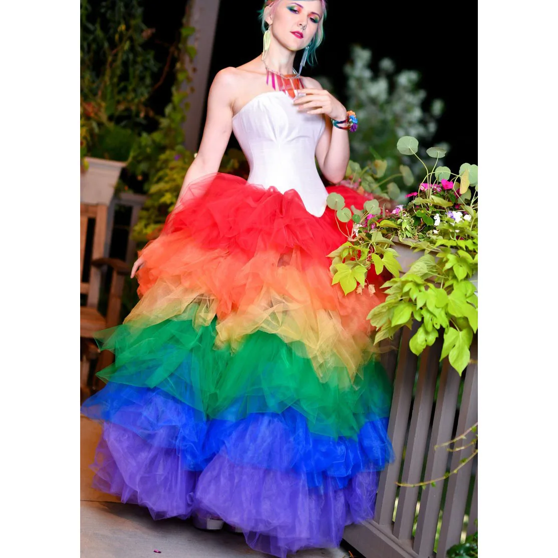 Rainbow Tiers Tulle Tutu Skirt Hippie Style Colorful Mixed Color Maxi Skirts Floor Length Layered Fashion Prom Skirt Custom Made