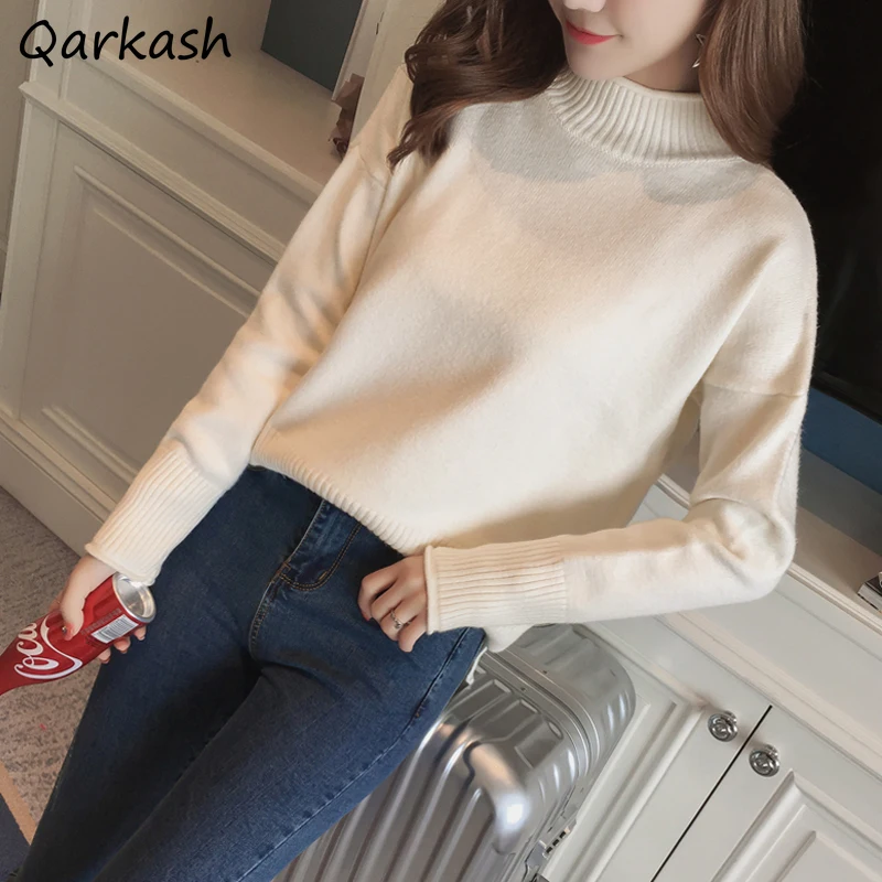 

Pullovers Women Pure Temperament Autumn Soft Half High Collar Ladies Side-slit Ulzzang Leisure Prevalent Basic Fit Knitwear Ins