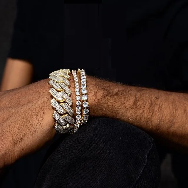 

19MM Three Row cz 5A cubic zirconia iced out bling hip hop Rock punk Boy men big heavy cz cuban bracelet 19cm 21cm