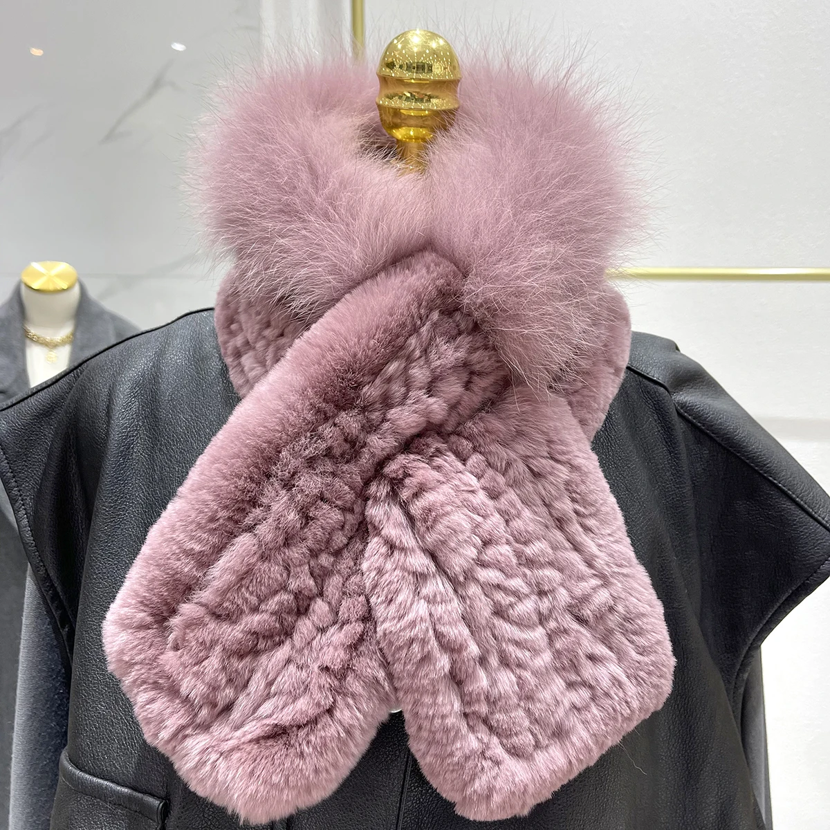 

2021 Women Real Rex Rabbit Fur Wraps Knitted Patchwork Fox Fur Scarf Luxury Scarves Lady Wraps Neck Warmer Fashion Winter Warm