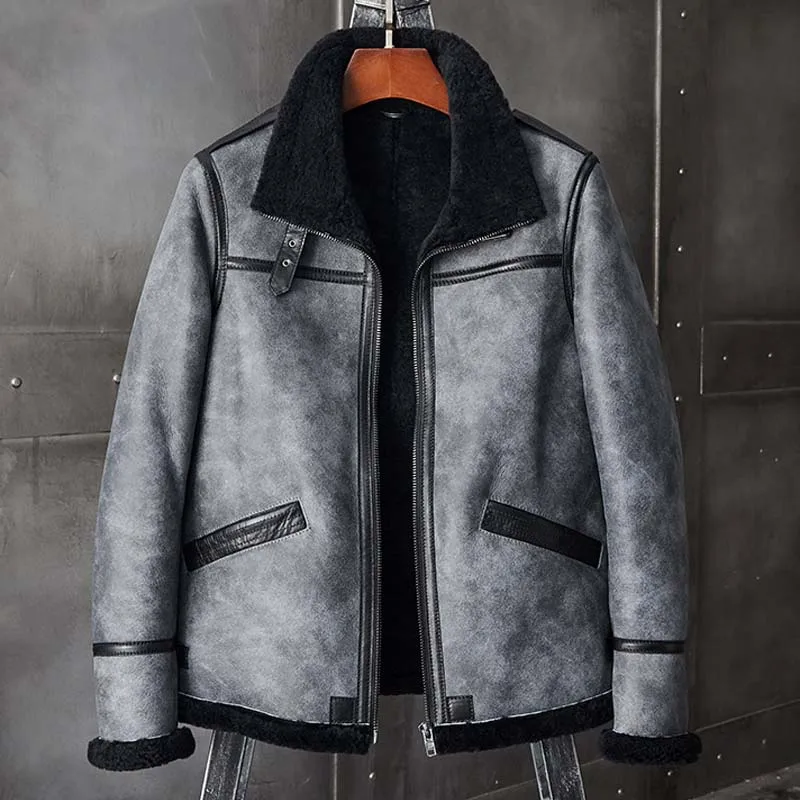 New Mens B1 Shearling Jacket Short Fur Overcoat Grey Leather Coat Fashion Motorcycle Outwear