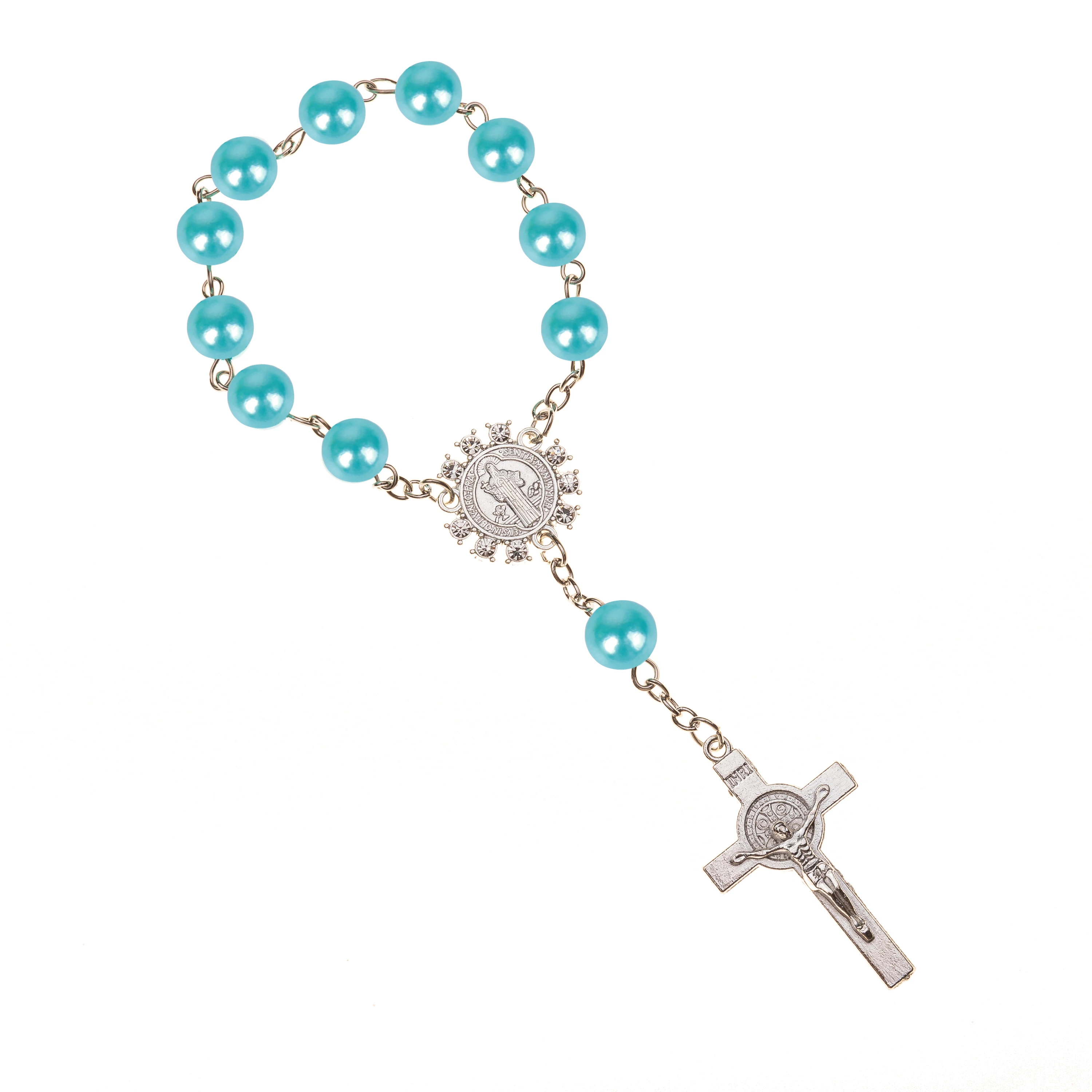 10pcs Imitation Pearl Beads Catholic Rosary Catholic Holy Communion silver color Wings Crucifix Pendants Cross Bracelet gift