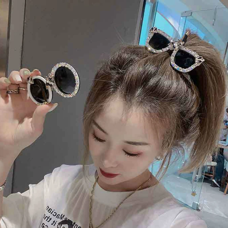 Black Sunglasses Shape Elastic Hair Bands Pins for Women Crystal Rhinestone Hairband Hair Clips Rope Tie Girls Hair Accesorios