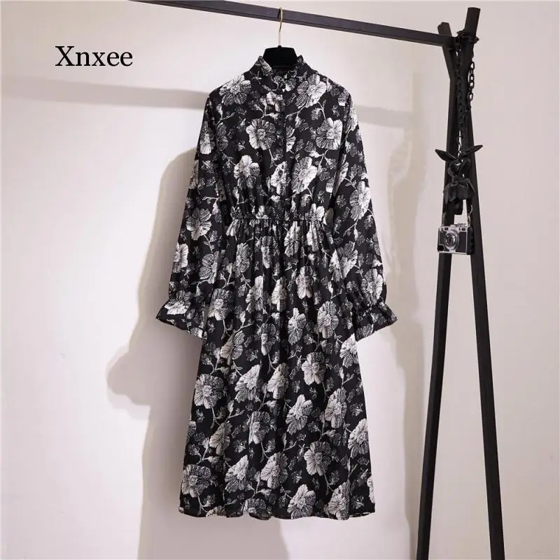 Sexy Spring Summer Dress Women Floral Autumn Long Sleeve Elastic Waist Button Stand Collar Print Vintage Party Dresses