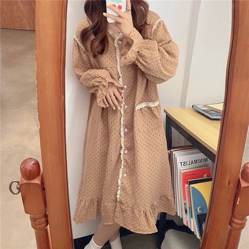 

Autunm Lacework Polka Dot Vitnage Nightgowns Women Homewear Dress Long Sleeve Soft 100% Cotton Sleepwear Home Clothes