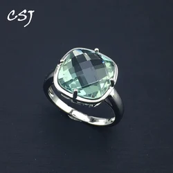CSJ Green Amethyst Rings Sterling 925 Silver Natural Gemstone Cushion 12mm  Women Lady Wedding Engagment Party Gift Box