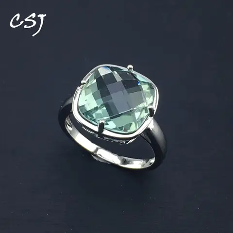 CSJ Green Amethyst Rings Sterling 925 Silver Natural Gemstone Cushion 12mm  Women Lady Wedding Engagment Party Gift Box