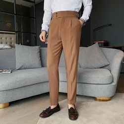 Men's High Waist Trousers England Business Casual Work Suit Pants Belt Waistline Straight Slim Fit Bottoms Handsome Clothing