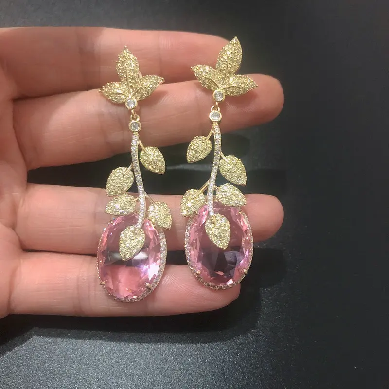 Bilincolor Fashion Golden Leaf and Pink Cubic Zircon Vintage Luxury Drop Earring for Women Wedding Jewelry