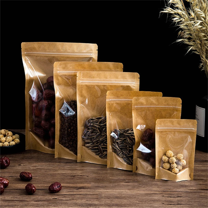 50Pcs Kraft Food Packaging Ziplock Bag With Transparent Window Stand Up Kitchen Coffee Beans Nut Cookies Storage Reclosable