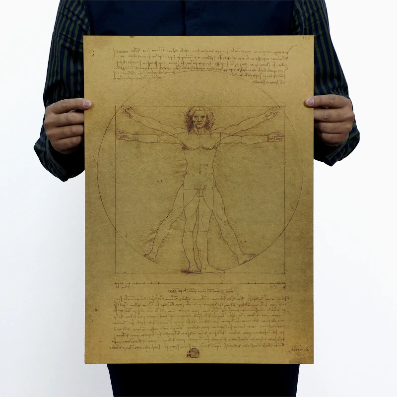 Vintage Leonardo da Vinci Manuscript Vitruvian Man Poster Retro Kraft Paper Home Decor Painting 51x35cm Wall Sticker