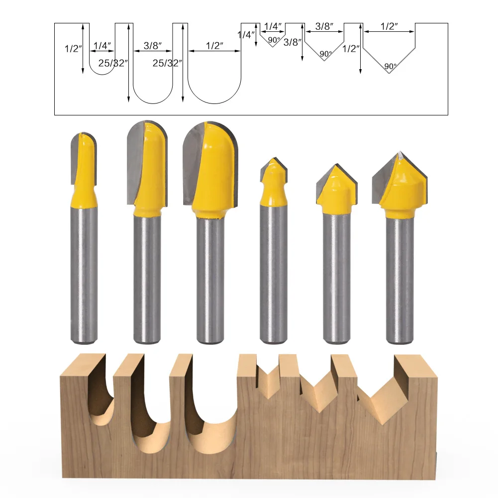 1 قطعة 1/4 "6.35 مللي متر عرقوب طحن القاطع الخشب نحت مستدير الأنف بت 90 درجة V-Groove راوتر بت مجموعة الأساسية مربع لأعمال النجارة