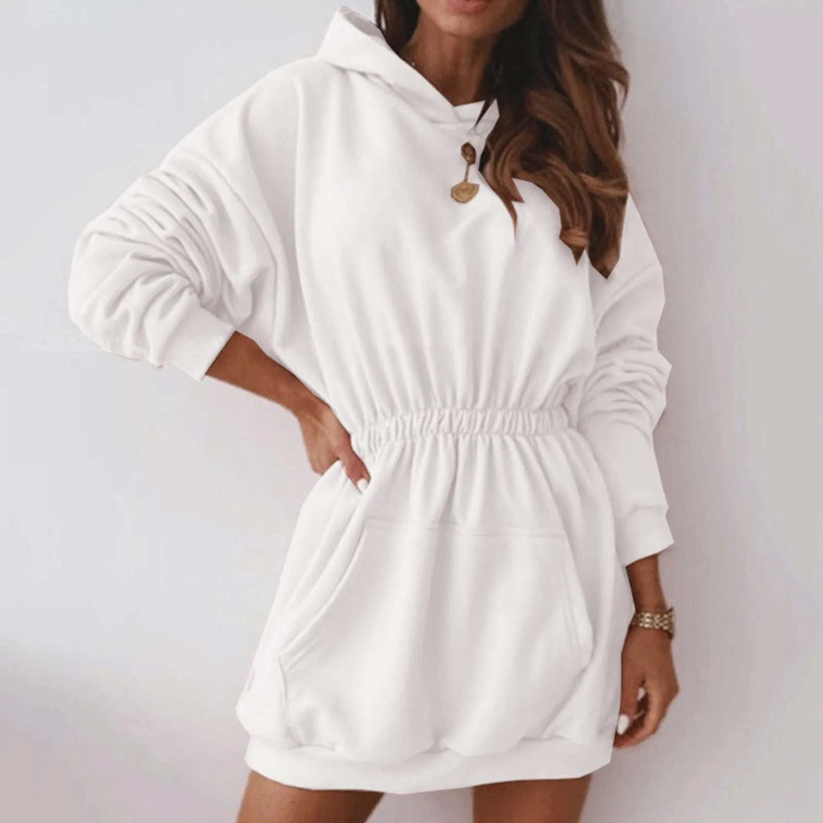 

Autumn Winter Warm Hoodie Dress Womens Hooded Long Sleeve Fleece Thicken Sweatshirt Dress Solid Elastic Waist Ladies Vestidos