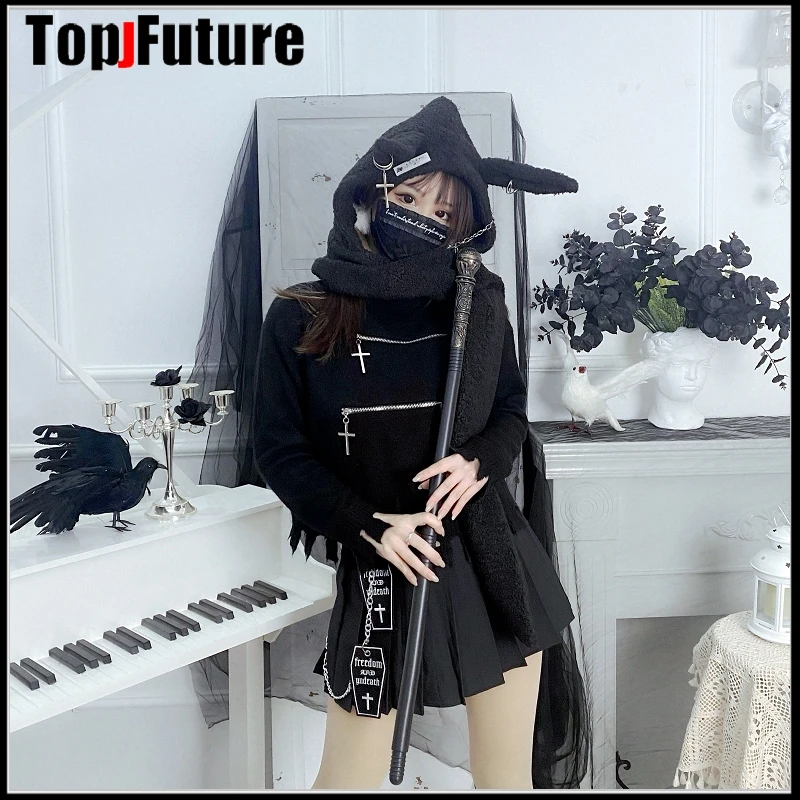 Japanese Harajuku Y2K Girls Long Rabbit Ear Hat Gothic Black Cross Chain Lambswool Winter Warm Hooded Scarf Caps Streetwear Hats