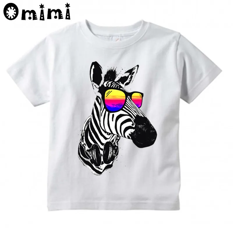 Children's Zebra With Sunglasses Design T Shirt Kids Cool Casual Tops Boys/Girls Summer White T-Shirt