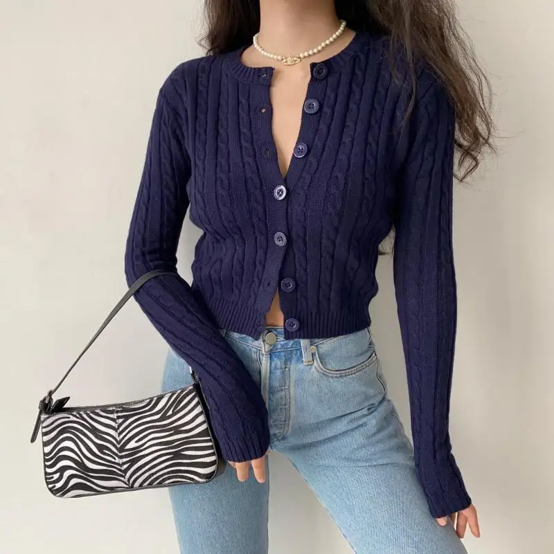 Tonngirls Vintage Cardigan Long Sleeve Slim Knitted Black Cardigan V Neck Solid White Cropped Cardigan Streetwear Sweater Female