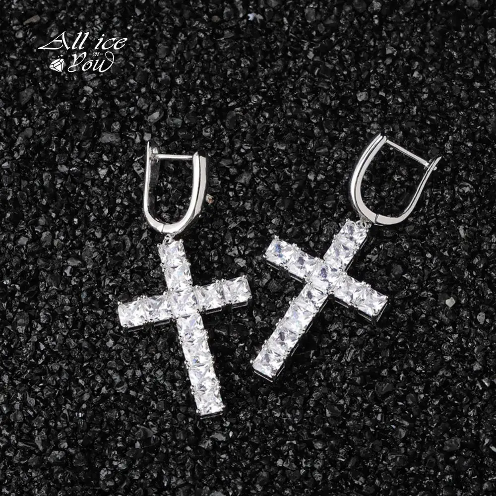 ALLICEONYOU Micro Paved Cross Full Bling Iced Out Earring Cubic Zircon Gold Silver Color Charm Stud Hip Hop Jewelry For Gift