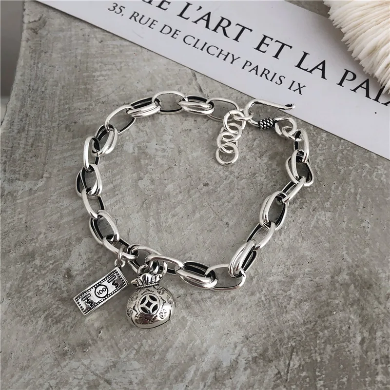 Korea S925 Sterling Silver Retro Do Old Dollar money Bag Chain Bracelet Female Personality Hip Hop Style For Women