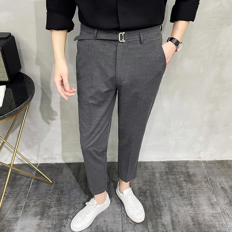 Summer Spring Mens Lightweight Ankle Length Trousers Office Men Business Casual Suit Pants Black Gray Straight Slim Pencil Pants