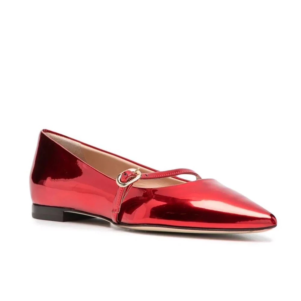 Gold Flat Shoes for Women Pointed Toe Plus Size Flats Ladies Elegant Pumps Silver Shiny Patent Leather Strap Ballet Shoe Red