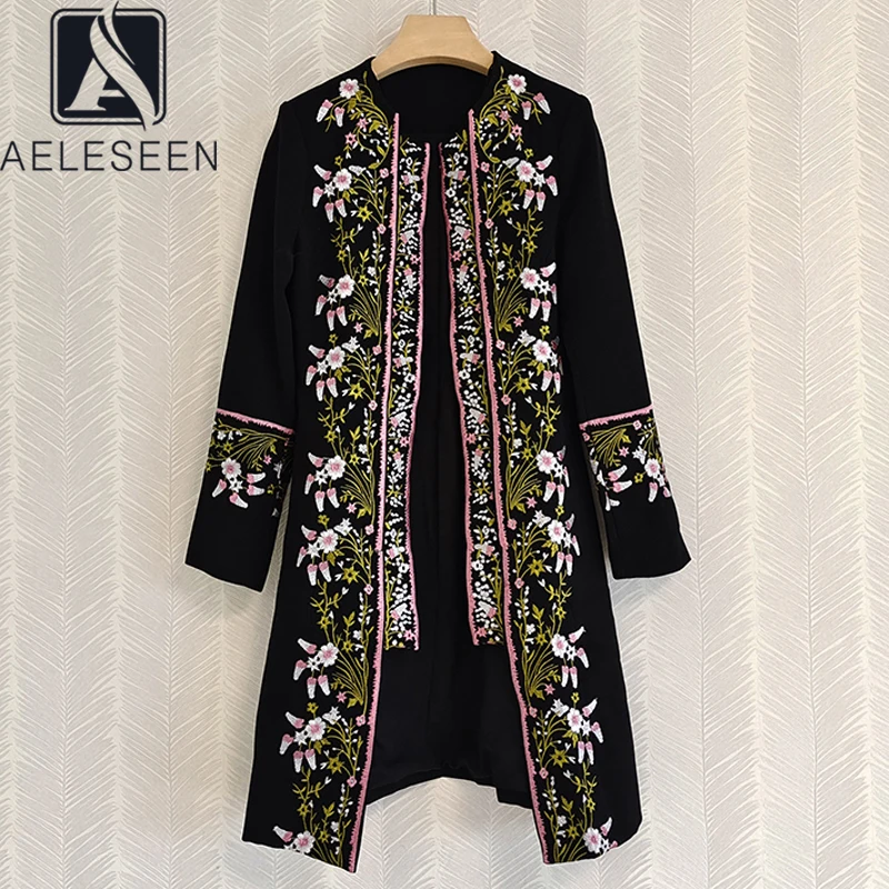 

AELESEEN High Quality Vintage Windbreaker 2022 Autumn Winter Coat Full Sleeve Heavy Flower Embroidery Black Long Trench